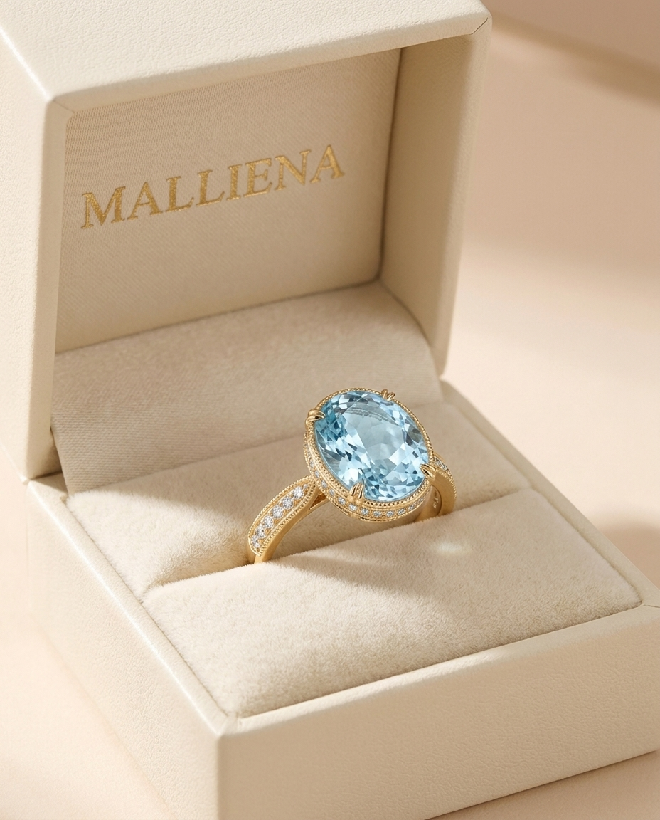 Anillo Aguamarina en la caja de regalo MALLIENA
