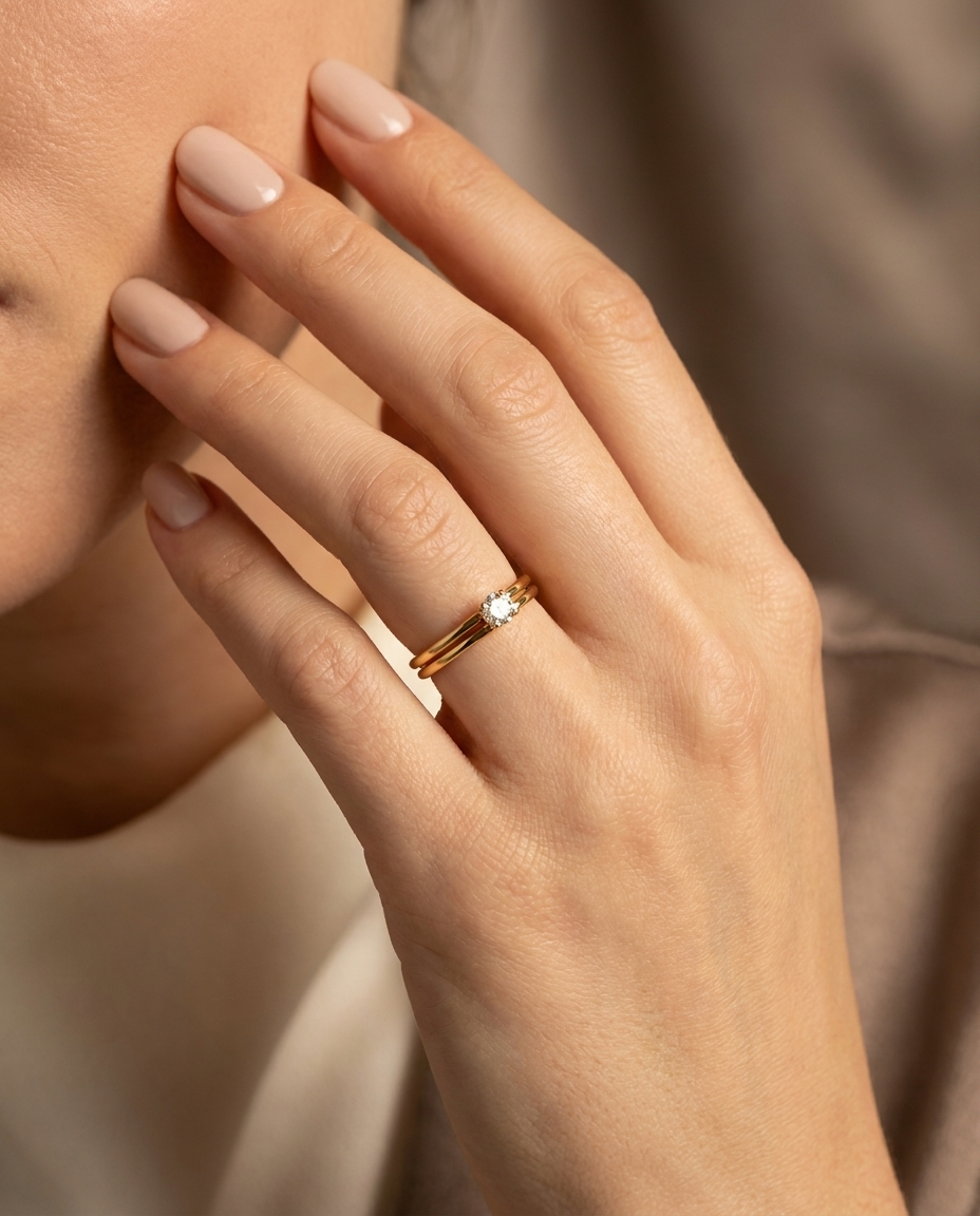Mujer con Anillo Solitario Minimalista MALLIENA