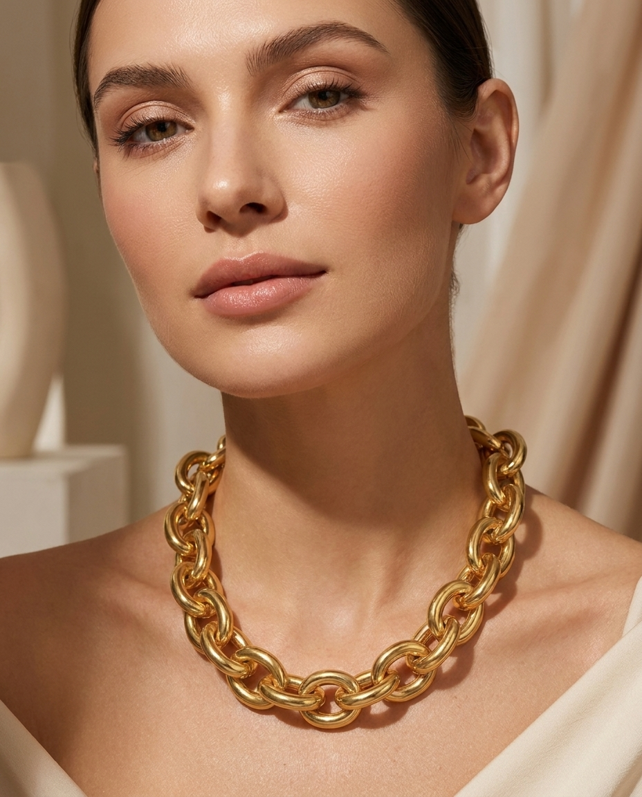 Mujer con Collar Cadena Gruesa dorado MALLIENA